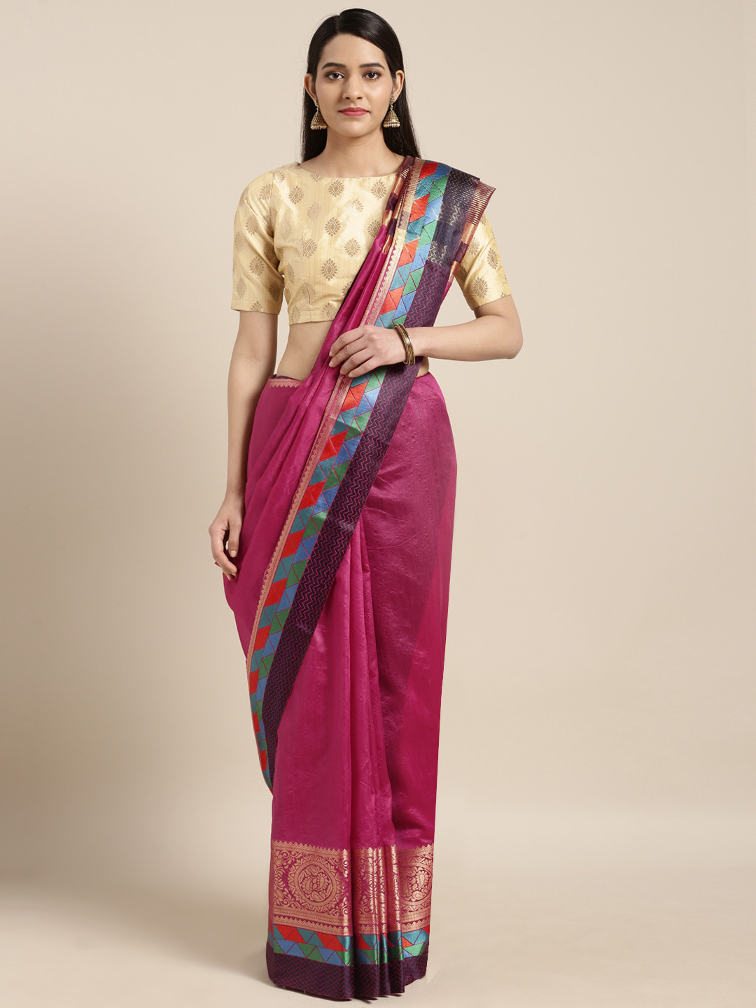 

Varkala Silk Sarees Magenta Solid Silk Blend Woven Design Banarasi Saree