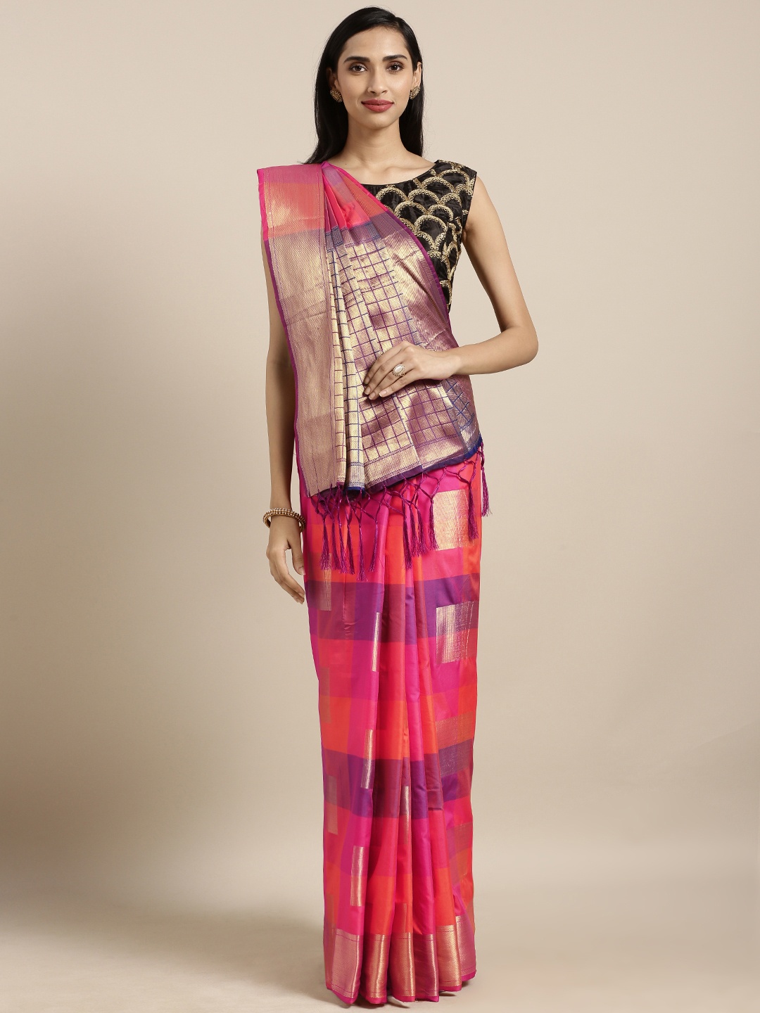 

Varkala Silk Sarees Orange & Pink Silk Blend Woven Design Banarasi Saree