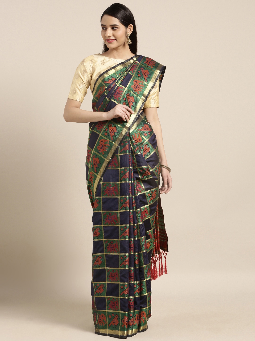 

Varkala Silk Sarees Navy Blue & Red Silk Blend Woven Design Patola Saree
