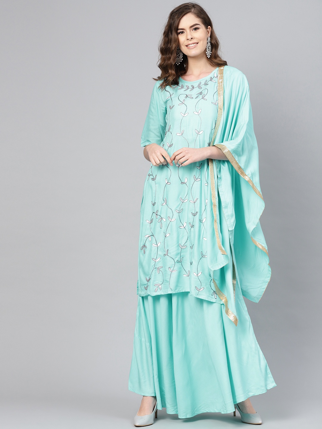 

Ishin Women Blue & Silver Embroidered Kurta with Skirt & Dupatta