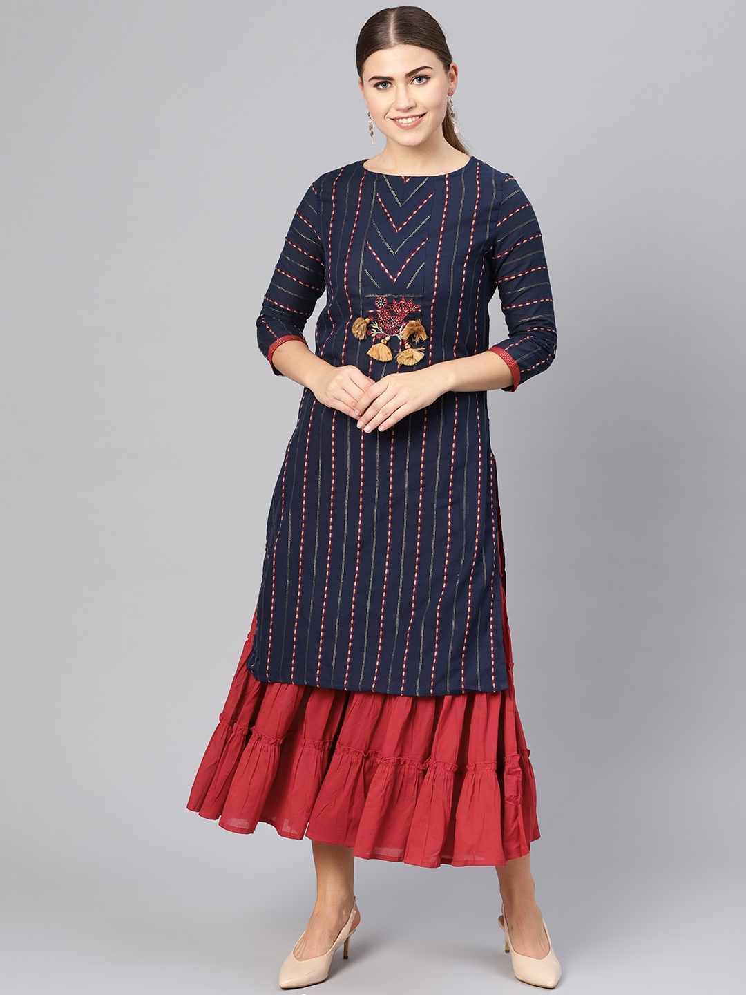 

Ishin Women Navy Blue & Maroon Embroidered Kurta with Sharara