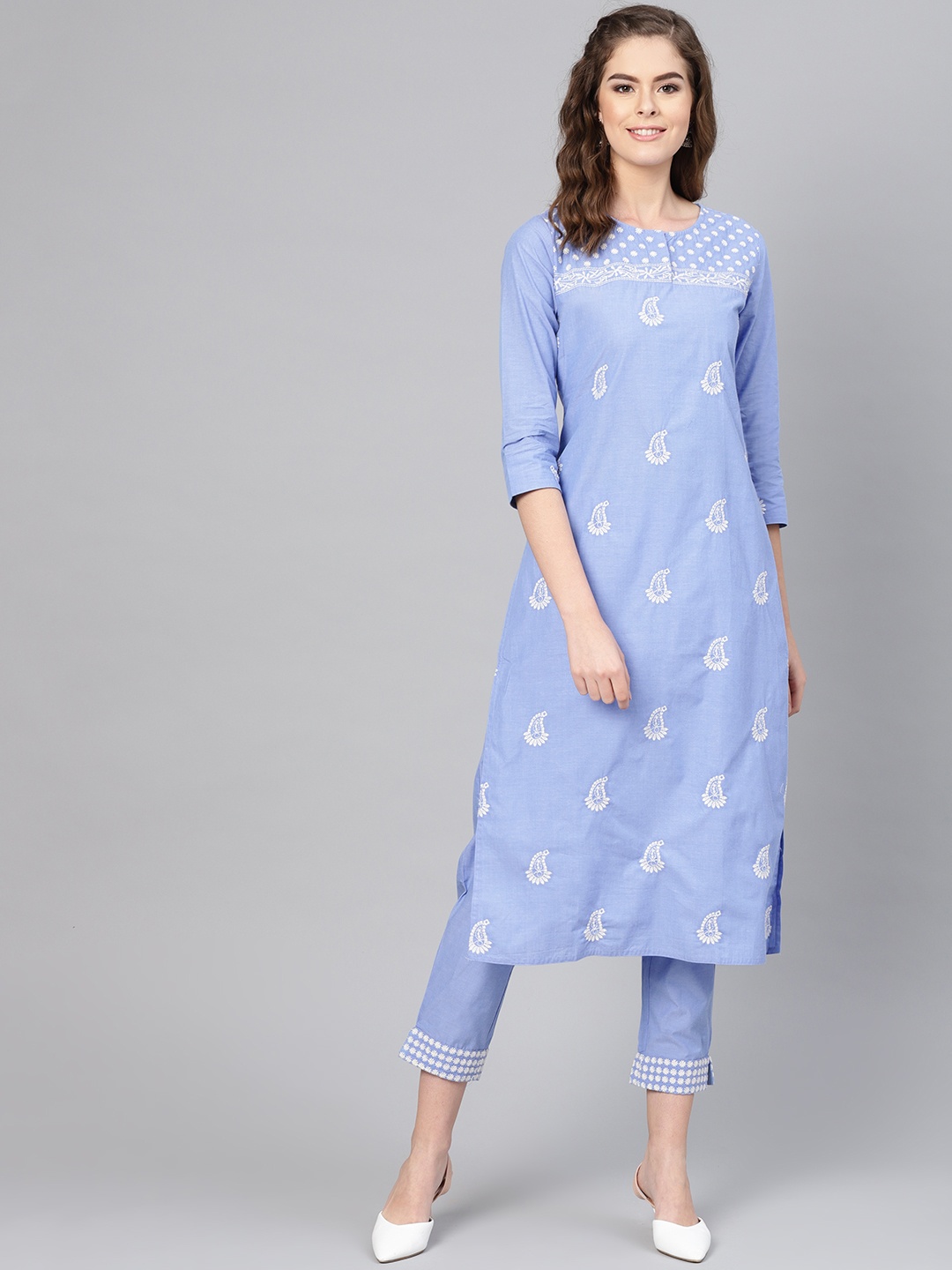 

Ishin Women Blue & White Embroidered Kurta with Trousers