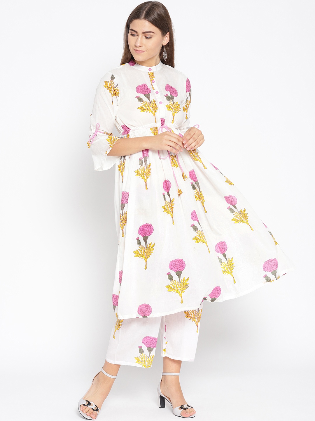

Fabriko Women White & Pink Printed Kurta with Palazzos