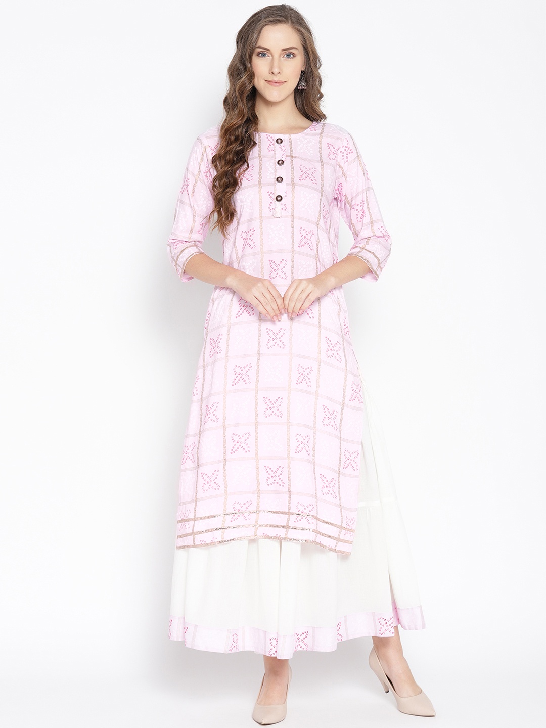 

Fabriko Women Pink & White Printed Kurta with Tiered Skirt