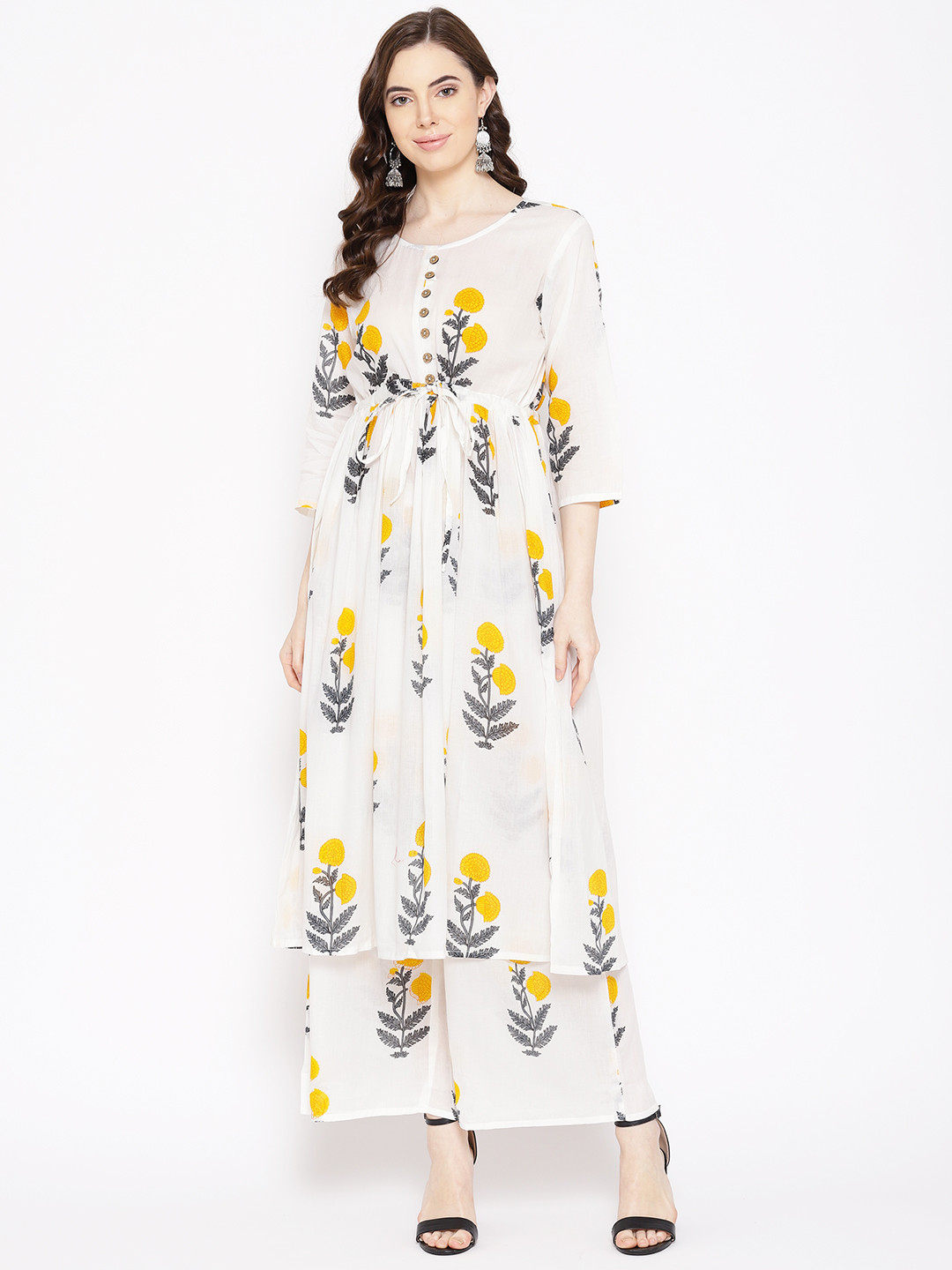 

Fabriko Women White & Yellow Printed Kurta with Palazzos