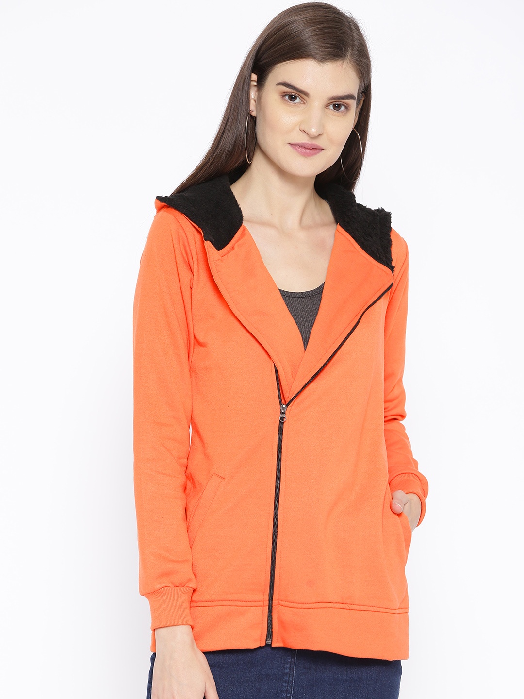

Belle Fille Women Orange Solid Hooded Sweatshirt