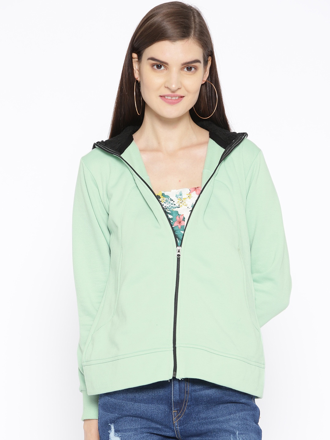 

Belle Fille Women Sea Green Solid Hooded Sweatshirt