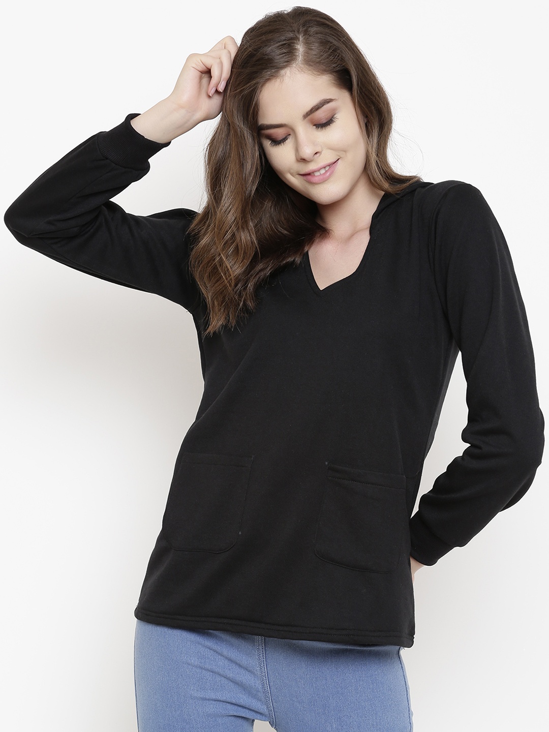 

Belle Fille Women Black Solid Hooded Sweatshirt