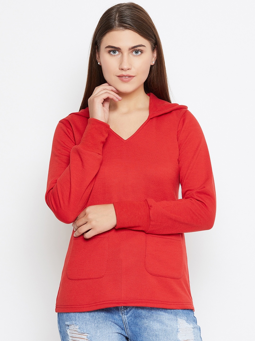 

Belle Fille Women Red Solid Hooded Sweatshirt