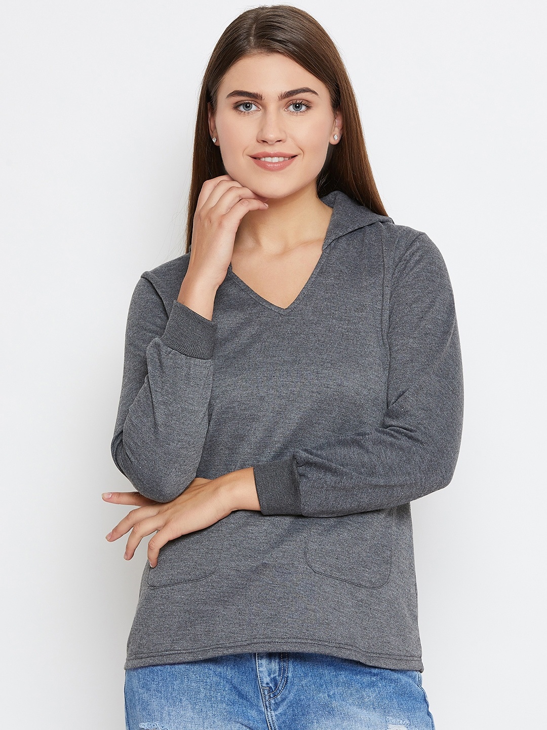 

Belle Fille Women Charcoal Grey Solid Hooded Sweatshirt