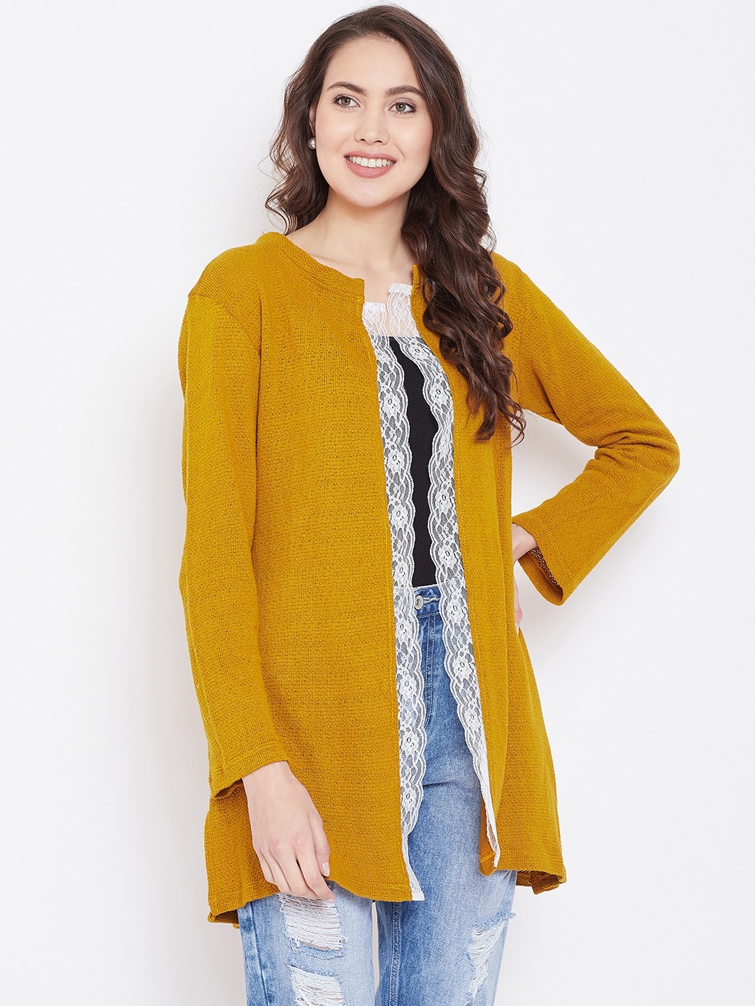 

Belle Fille Women Mustard Yellow Solid Open Front Shrug