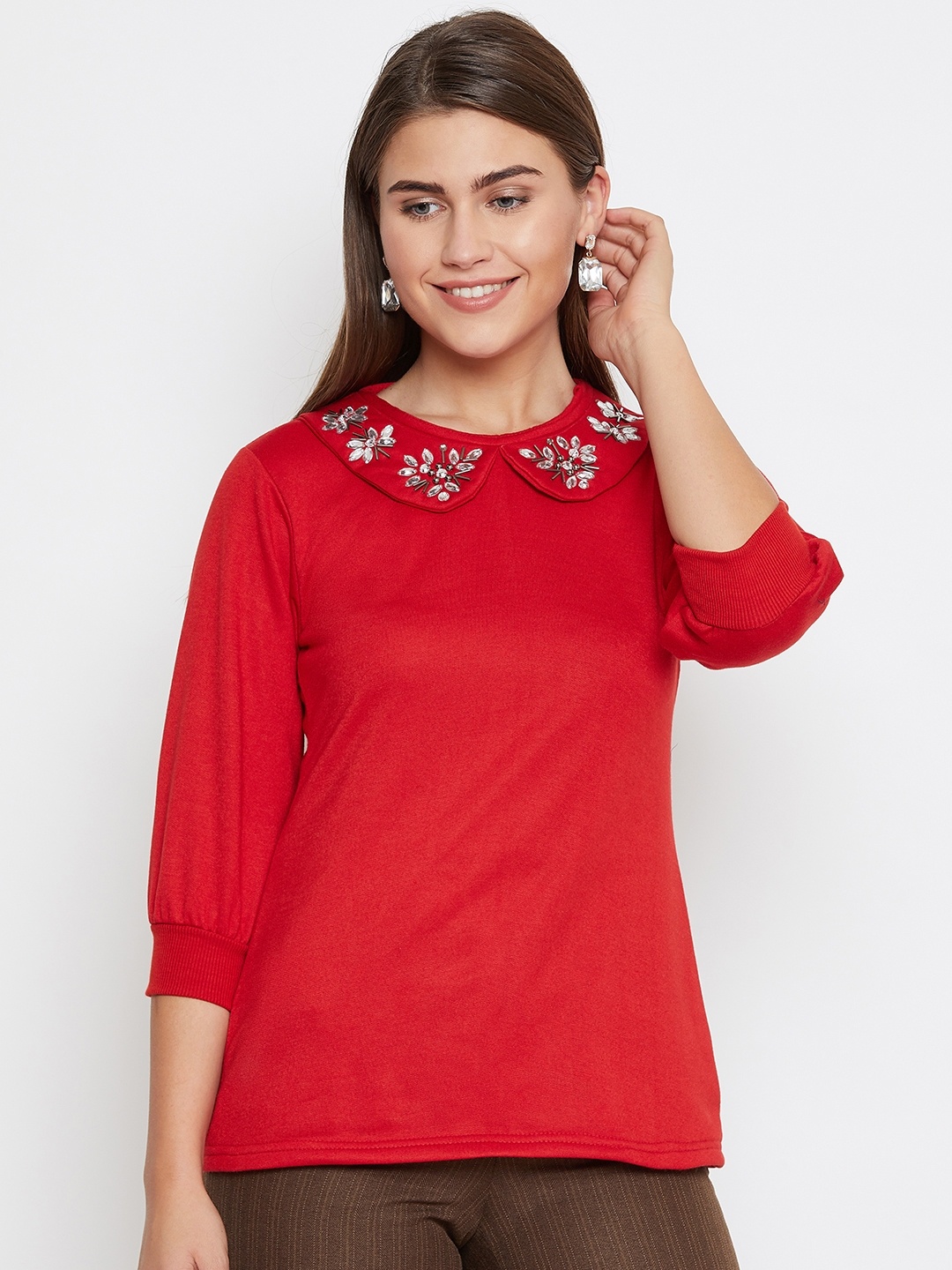 

Belle Fille Women Red Embelished Detail Solid Top