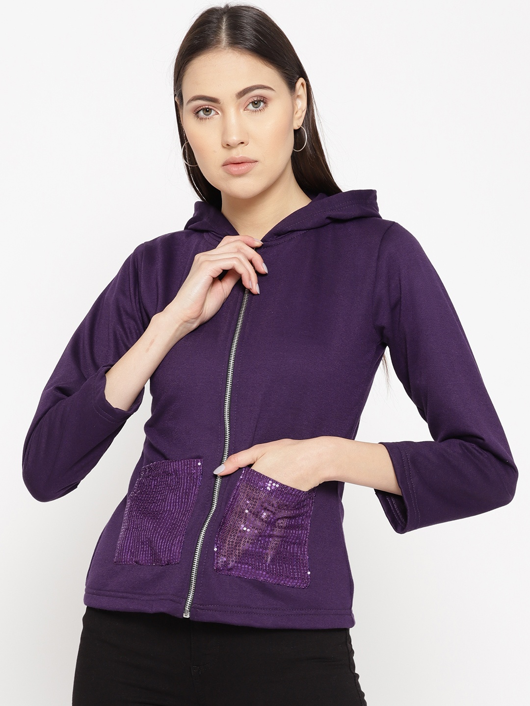 

Belle Fille Women Purple Solid Hooded Sweatshirt