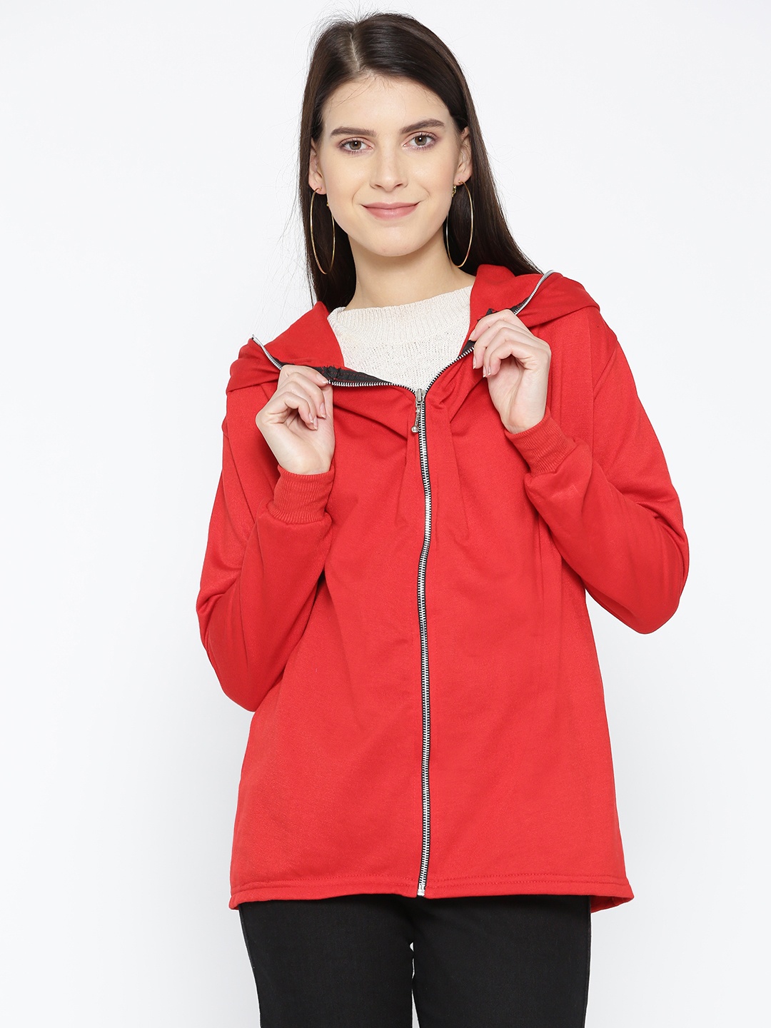 

Belle Fille Women Red Solid Hooded Sweatshirt