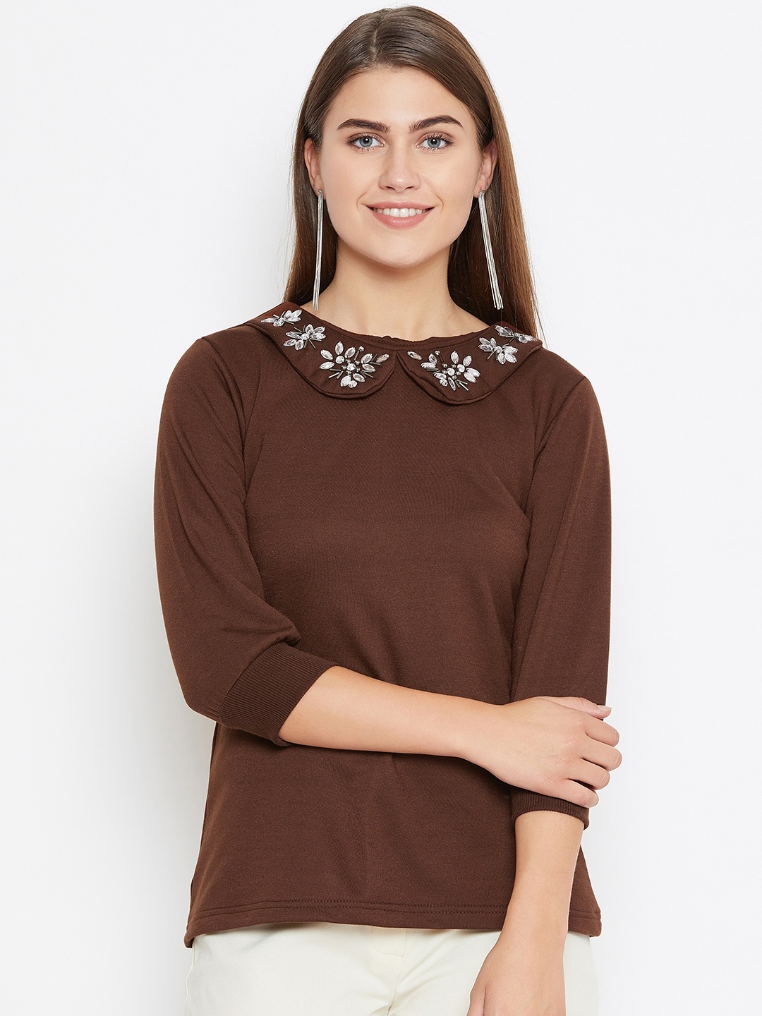 

Belle Fille Women Brown Embelished Detail Solid Top