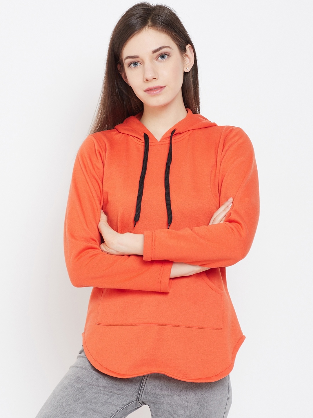 

Belle Fille Women Orange Solid Hooded Sweatshirt
