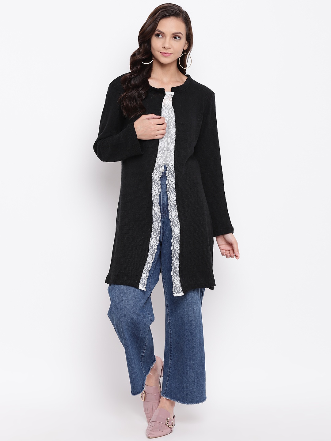 

Belle Fille Women Black Solid Open Front Longline Shrug