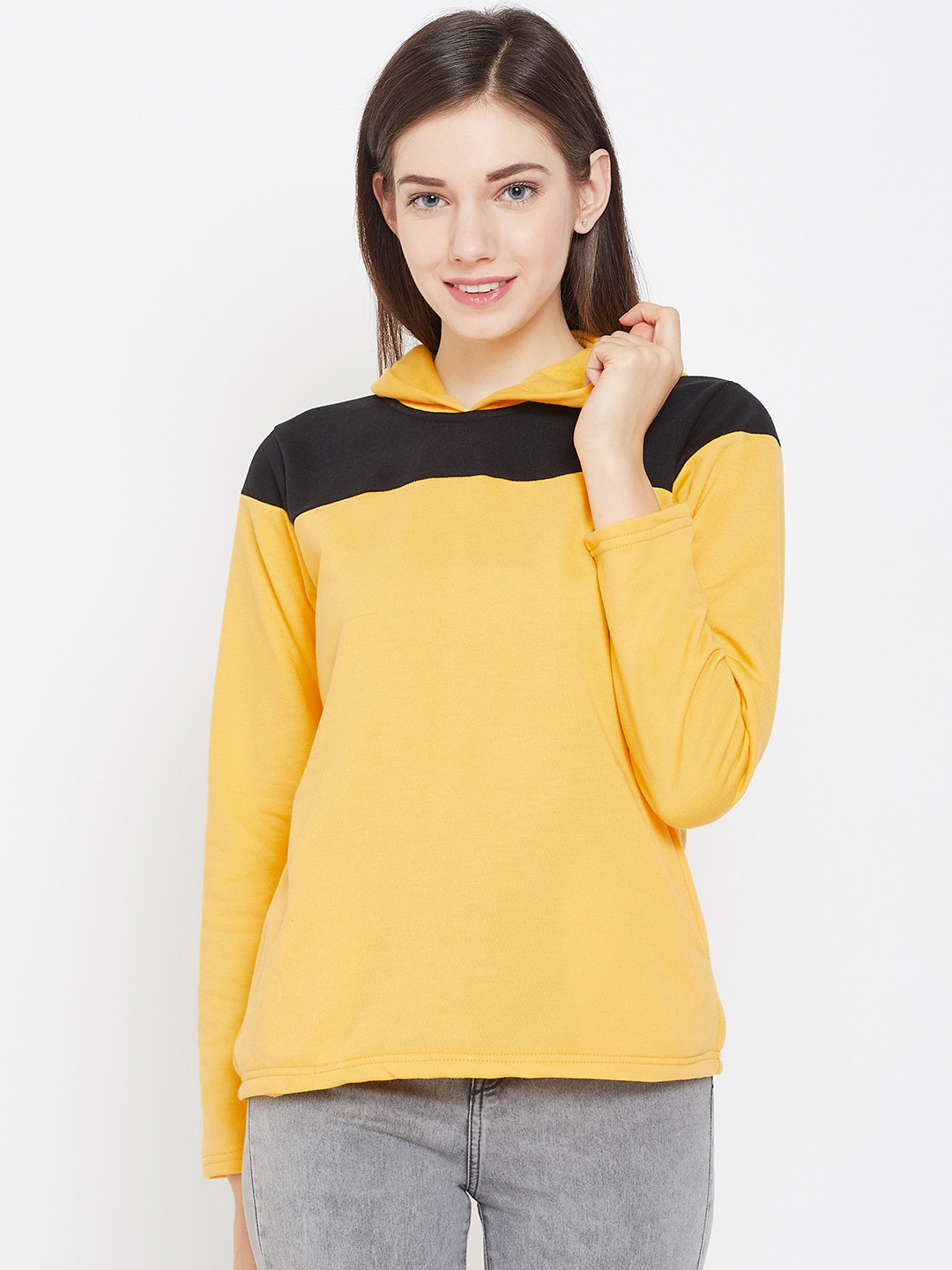 

Belle Fille Women Yellow & Black Colourblocked Hooded Sweatshirt
