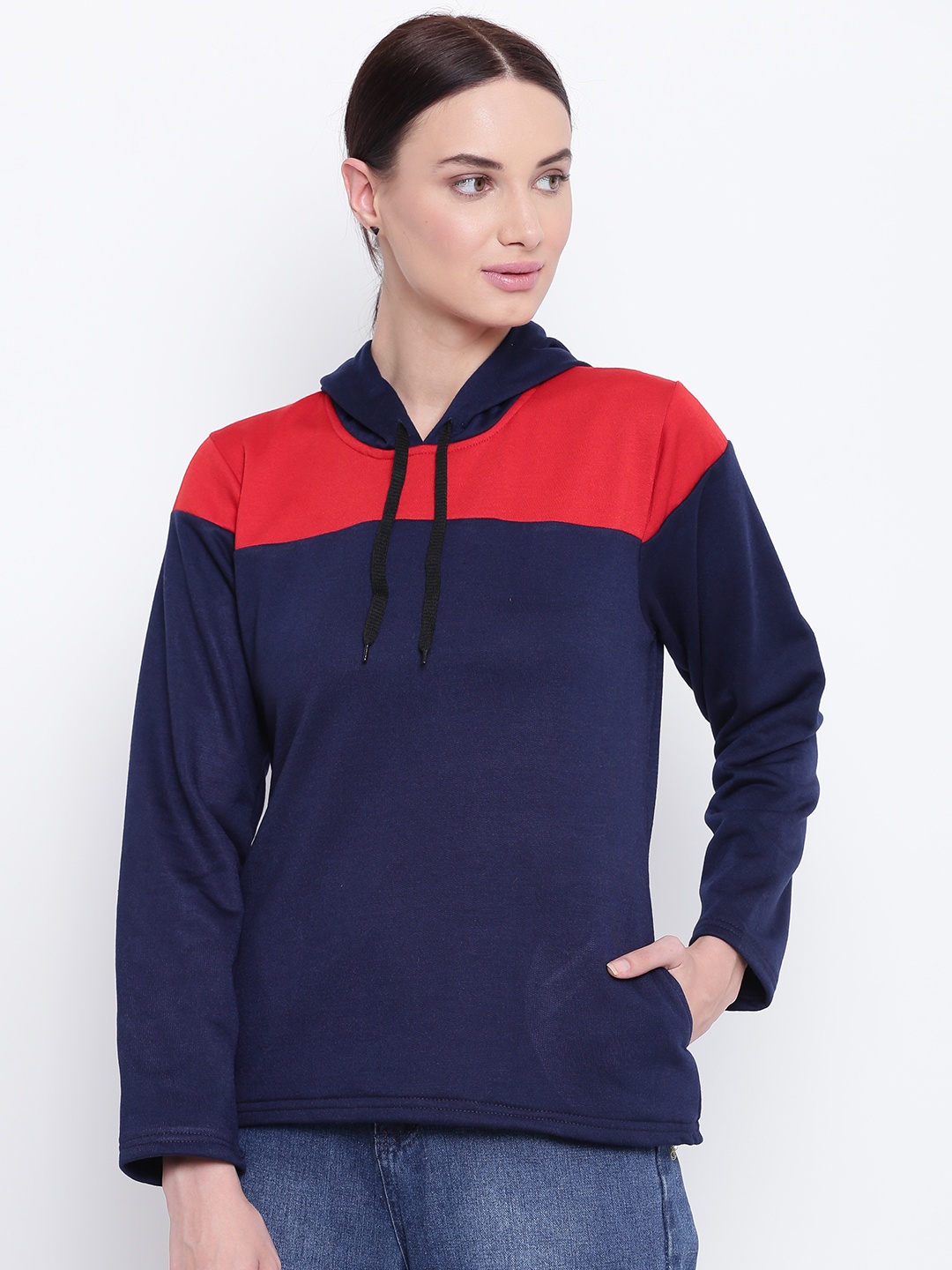 

Belle Fille Women Navy Blue & Red Colourblocked Hooded Sweatshirt