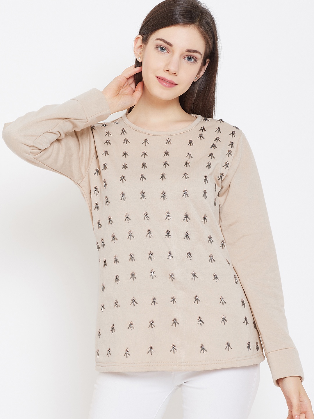 

Belle Fille Women Beige Embellished Winter Top