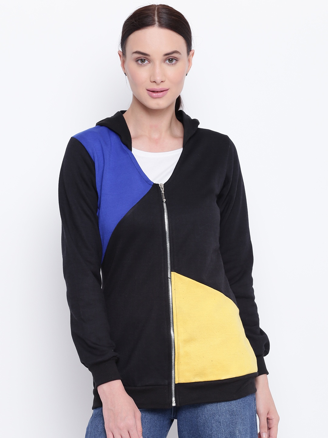 

Belle Fille Women Black & Blue Colourblocked Hooded Sweatshirt