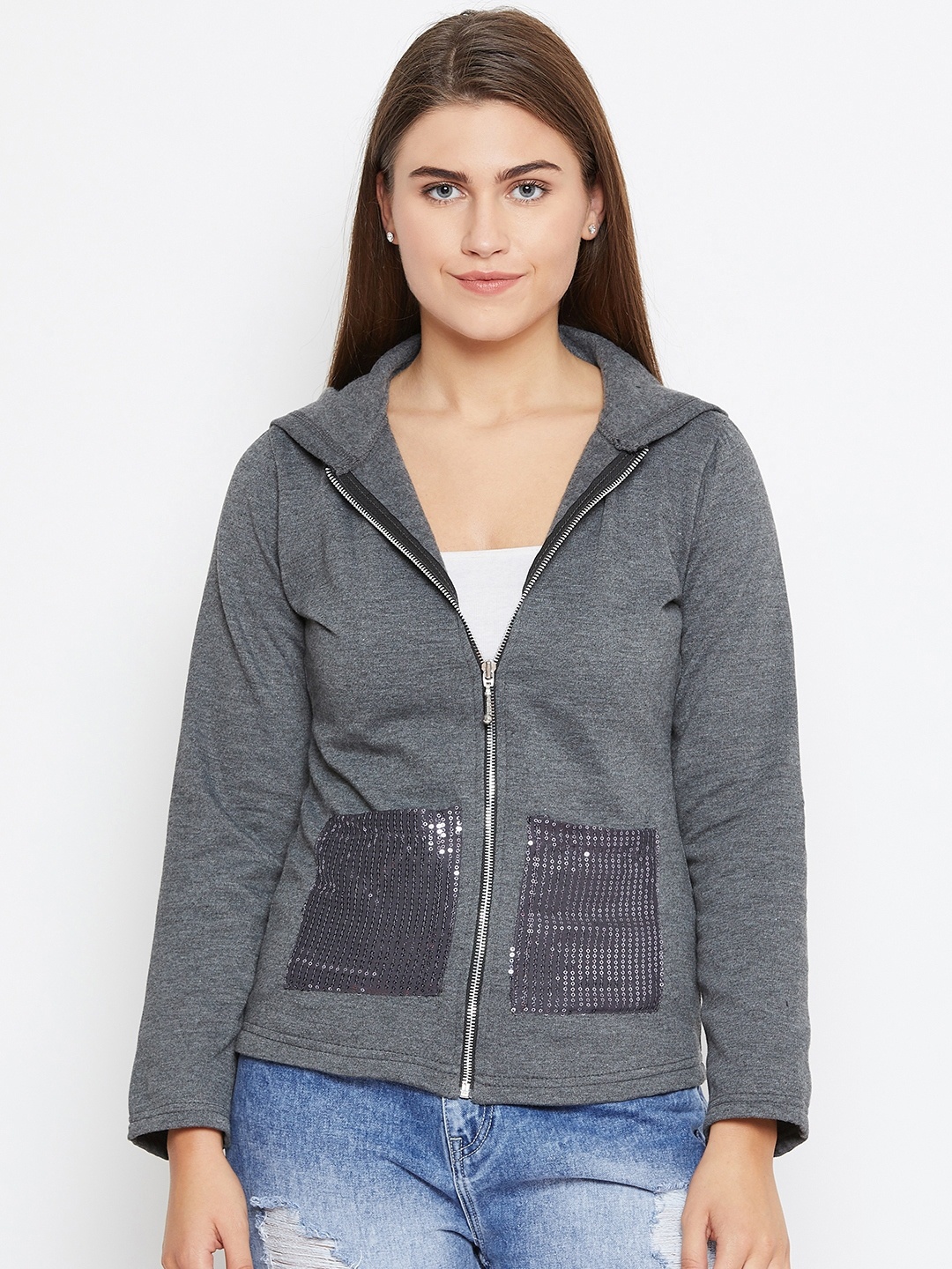 

Belle Fille Women Charcoal Grey Solid Hooded Jacket