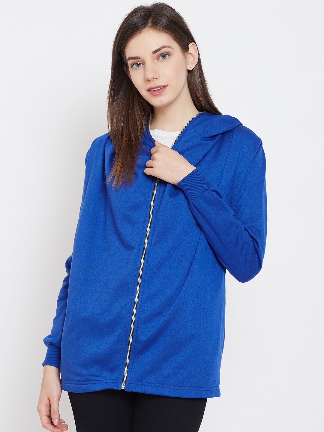 

Belle Fille Women Blue Solid Hooded Sweatshirt