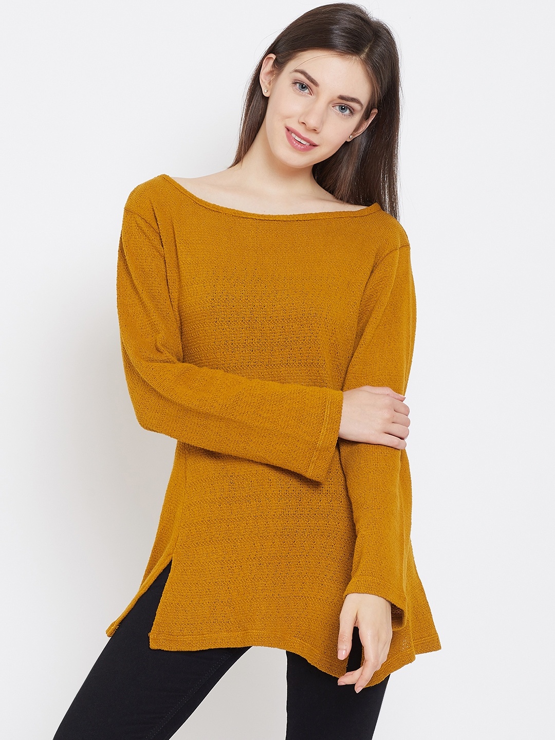 

Belle Fille Women Mustard Yellow Self DesignTop