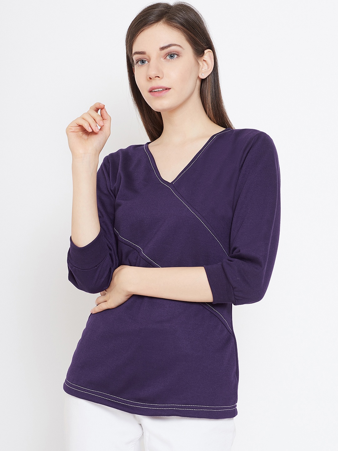

Belle Fille Women Purple Solid Winter Pure Cotton Top