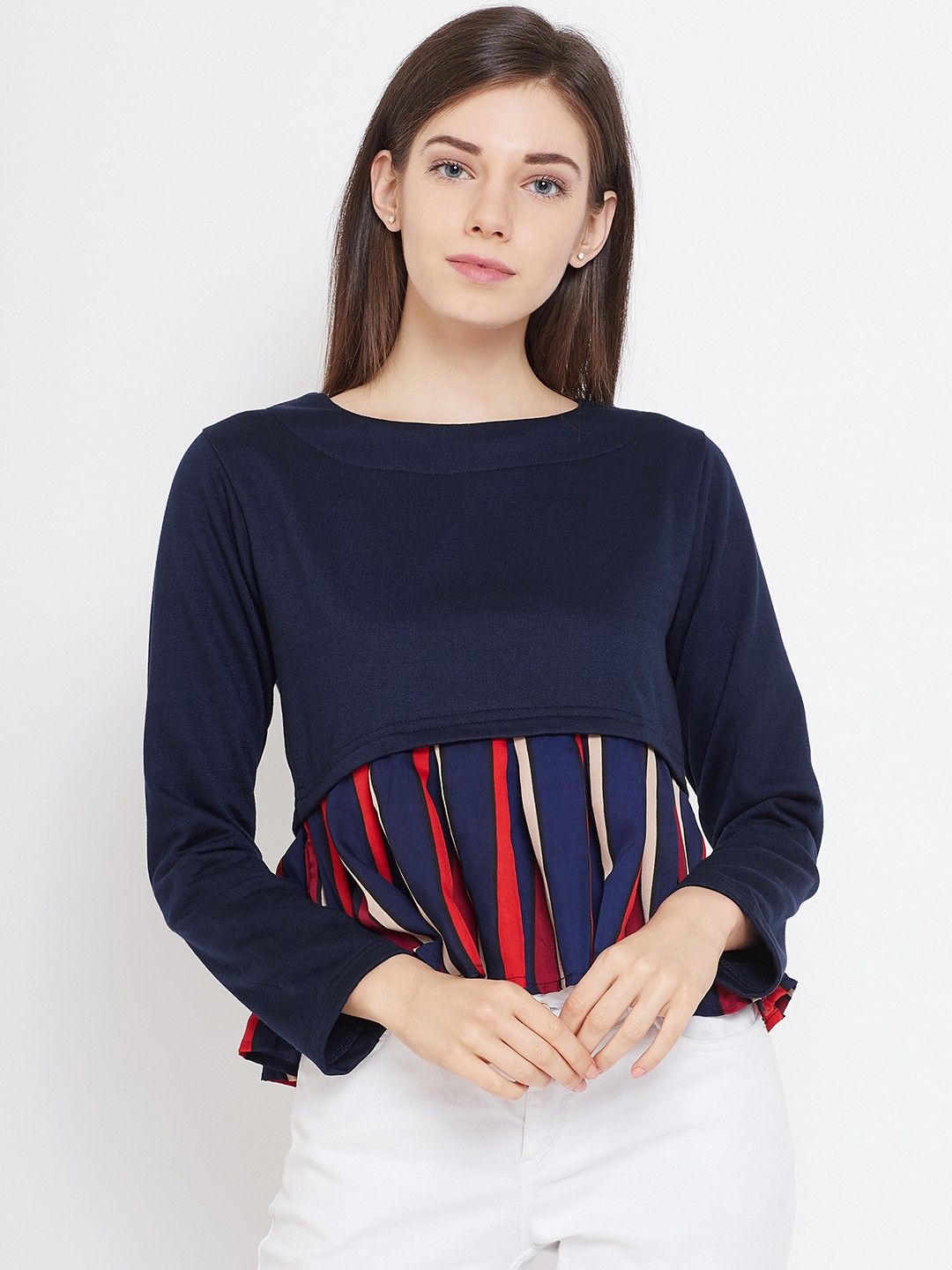 

Belle Fille Women Navy Blue Solid A-Line Winter Top