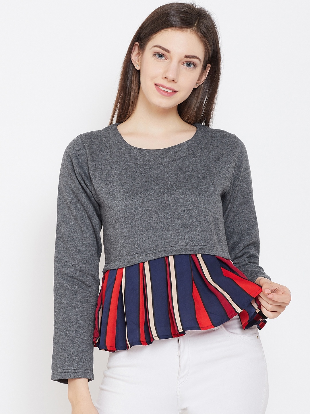 

Belle Fille Women Charcoal Grey Solid A-Line Top
