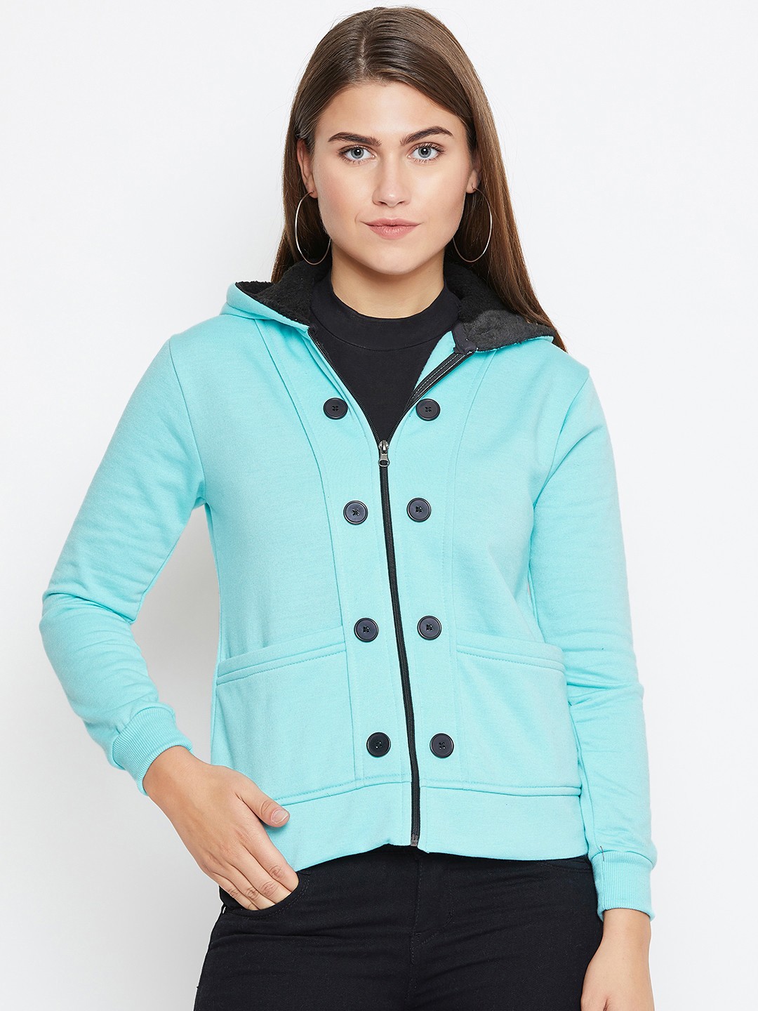 

Belle Fille Women Turquoise Blue Solid Hooded Jacket