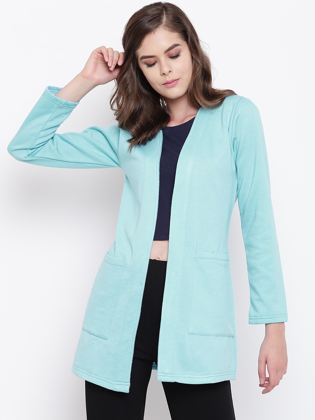 

Belle Fille Women Blue Solid Open Front Longline Shrug