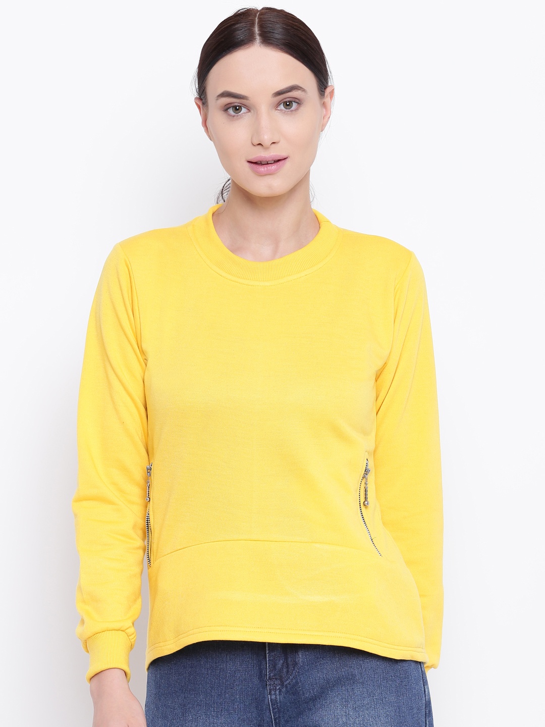 Belle Fille Women Yellow Solid Sweatshirt