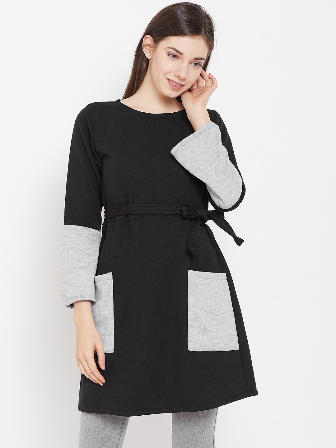 

Belle Fille Women Black & Grey Melange Solid Longline Sweatshirt