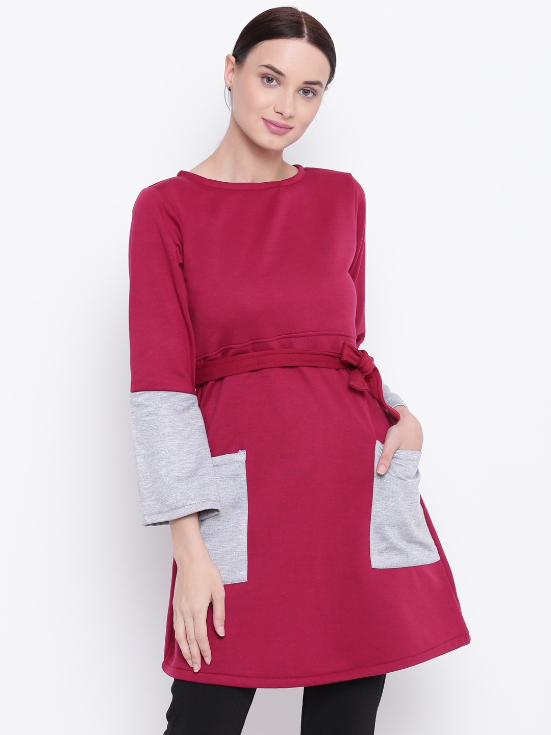 

Belle Fille Women Maroon & Grey Solid Longline Sweatshirt