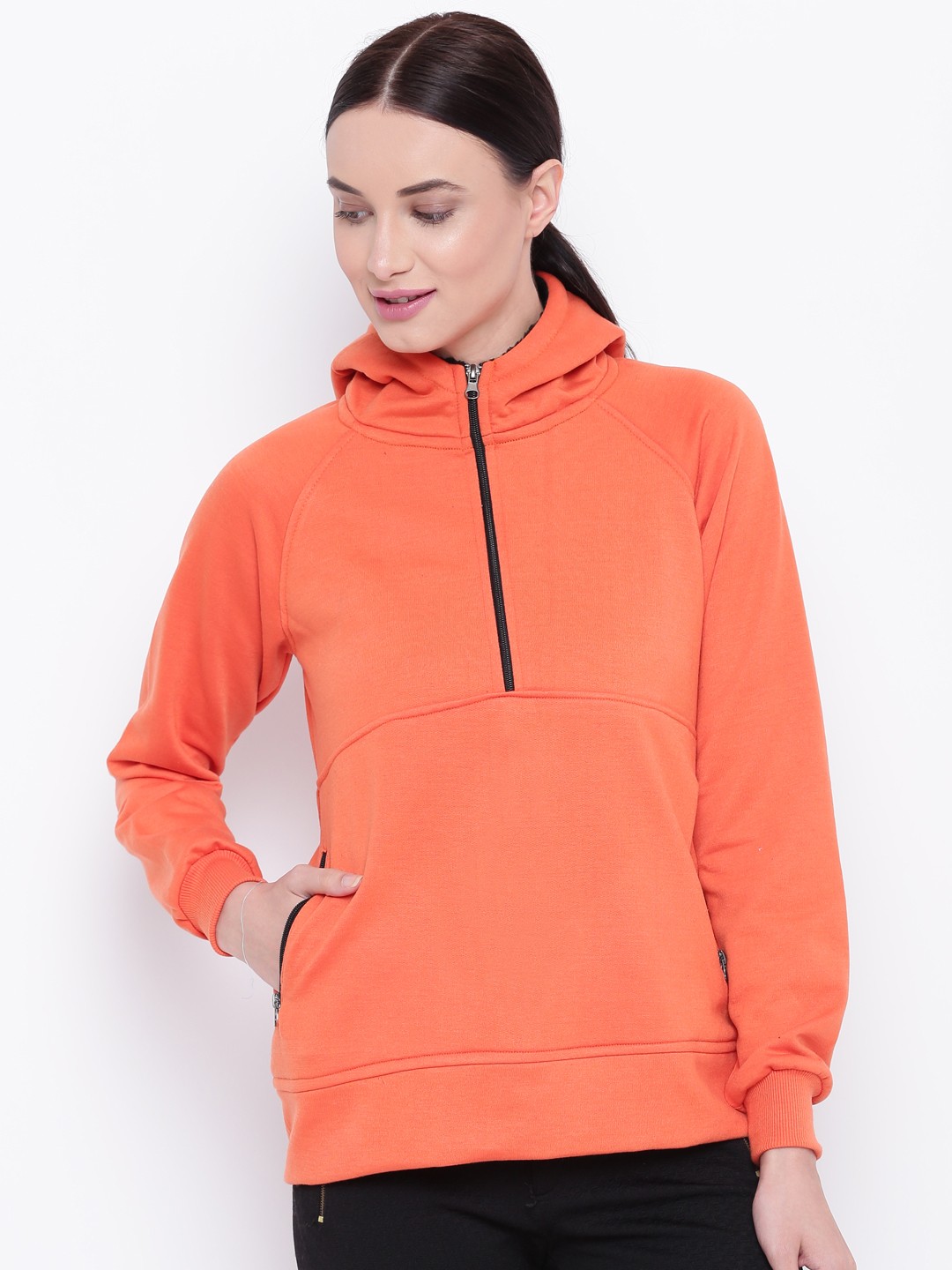 

Belle Fille Women Orange Solid Hooded Sweatshirt