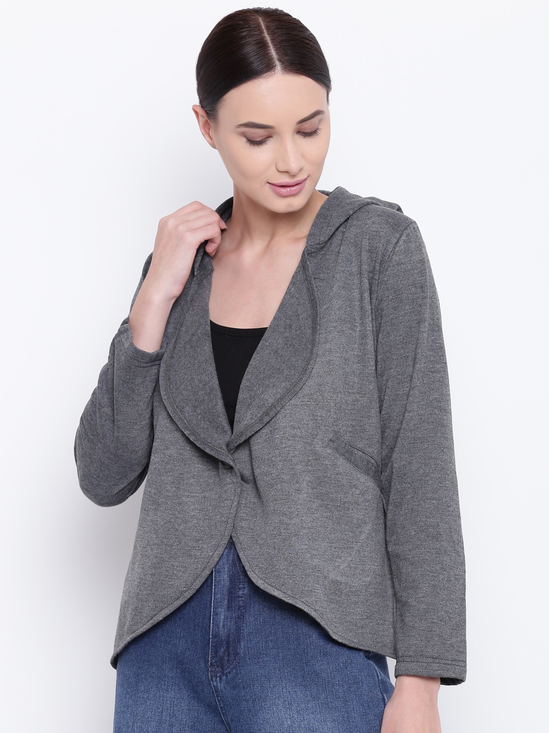 

Belle Fille Women Charcoal Grey Solid Hooded Jacket