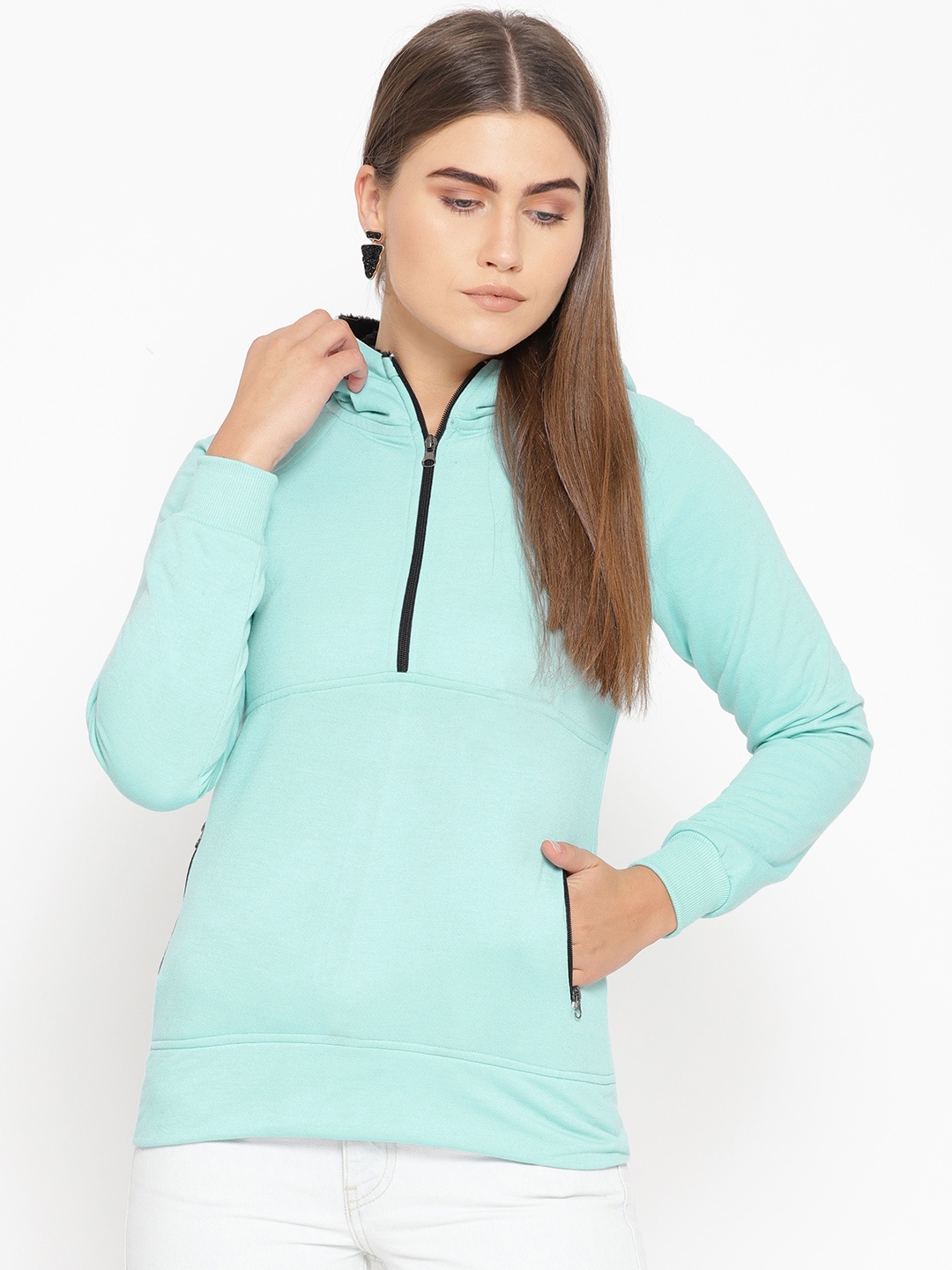 

Belle Fille Women Blue Solid Hooded Sweatshirt