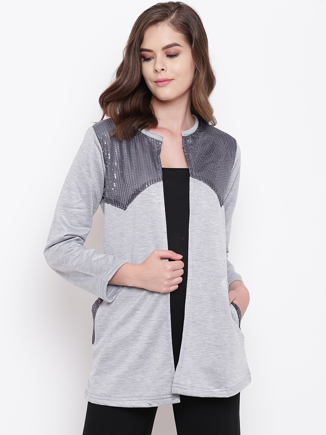 

Belle Fille Women Grey Melange Solid Open Front Longline Shrug