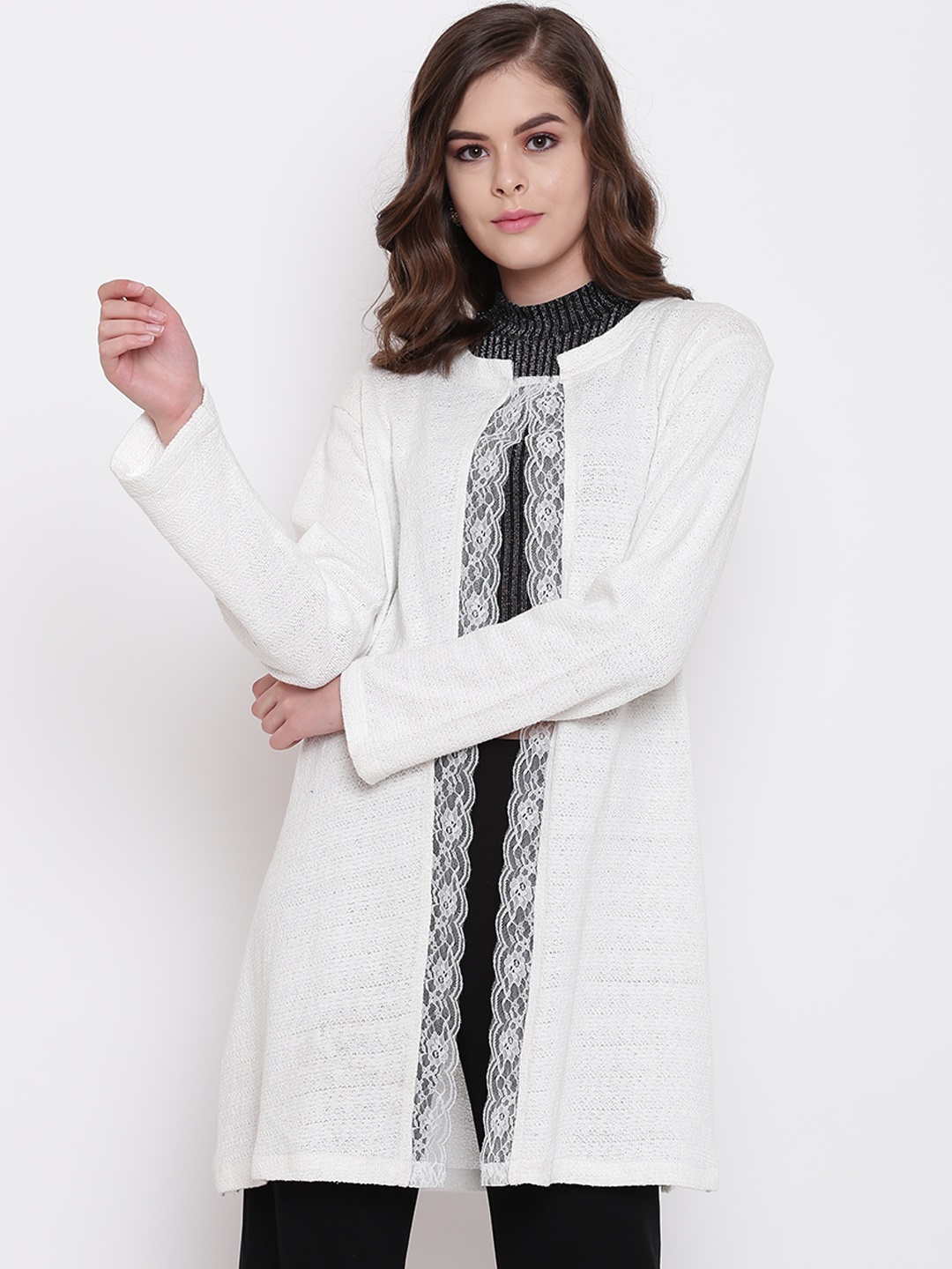 

Belle Fille Women Off-White Solid Open Front Longline Shrug