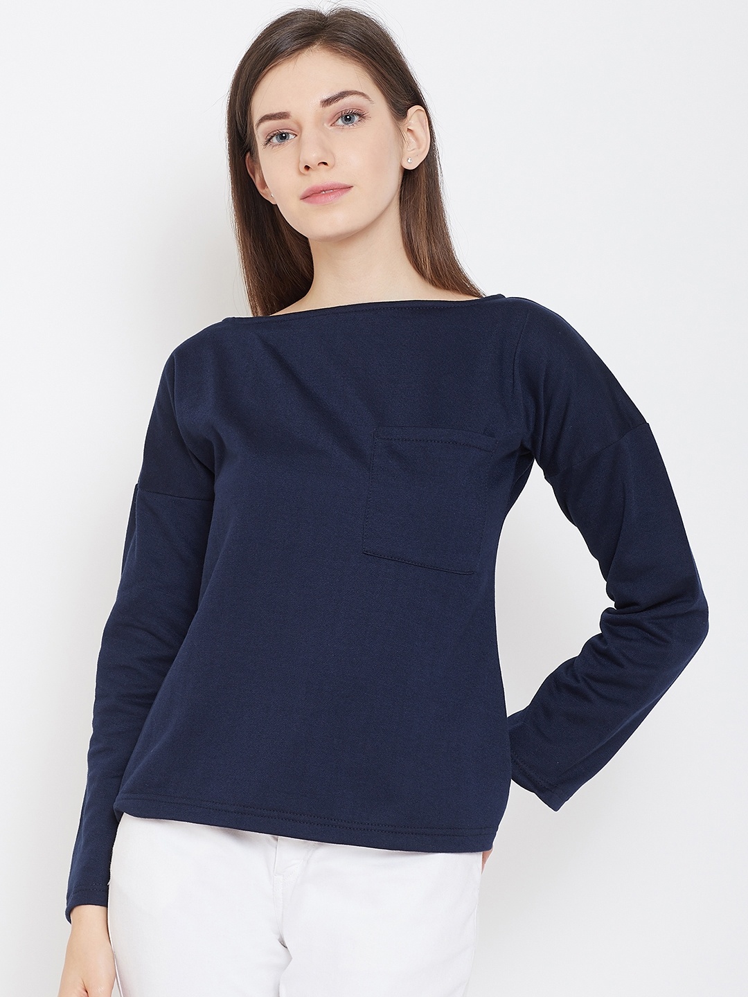 

Belle Fille Women Navy Blue Solid Styled Back Winter Top