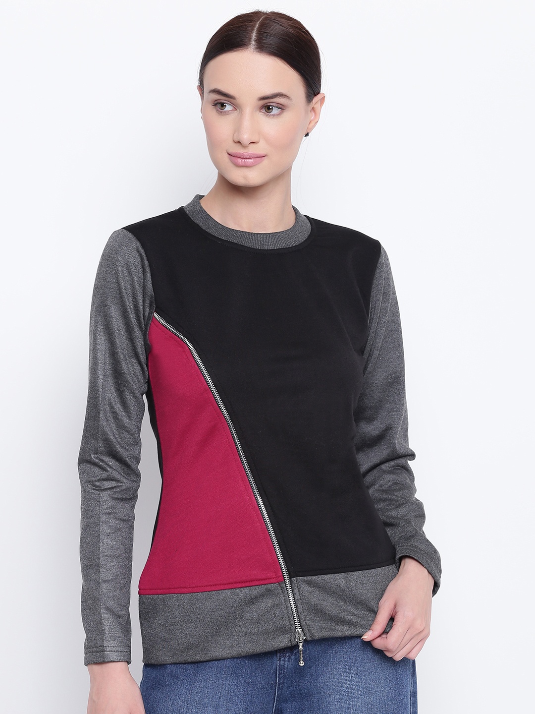

Belle Fille Women Black & Maroon Colourblocked Sweatshirt
