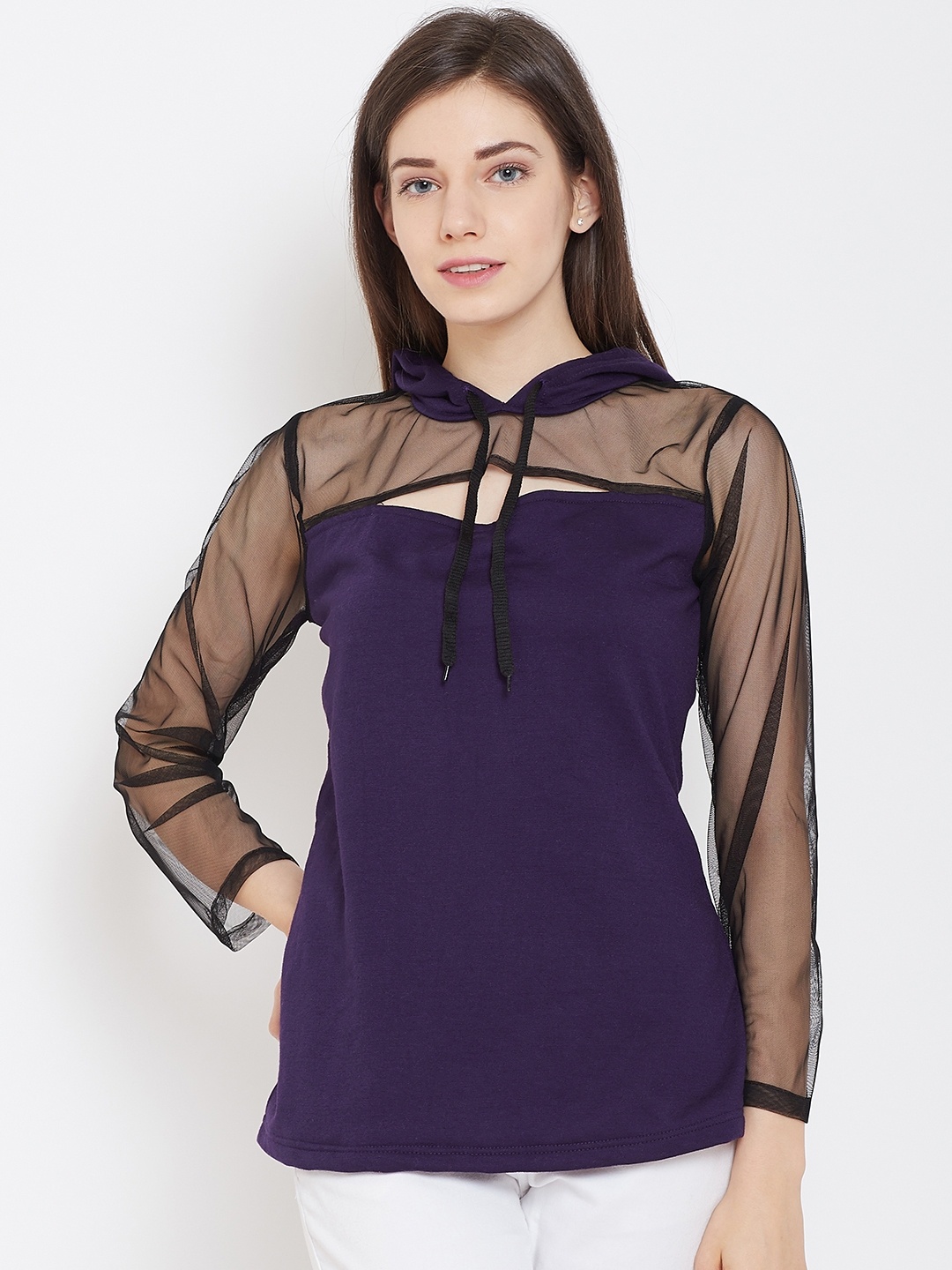 

Belle Fille Women Aubergine Colourblocked Semi-Sheer Hooded Top, Purple