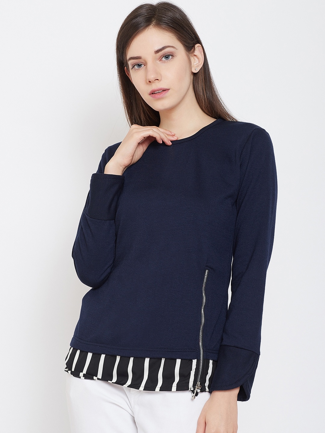 

Belle Fille Women Navy Blue Solid Sweatshirt