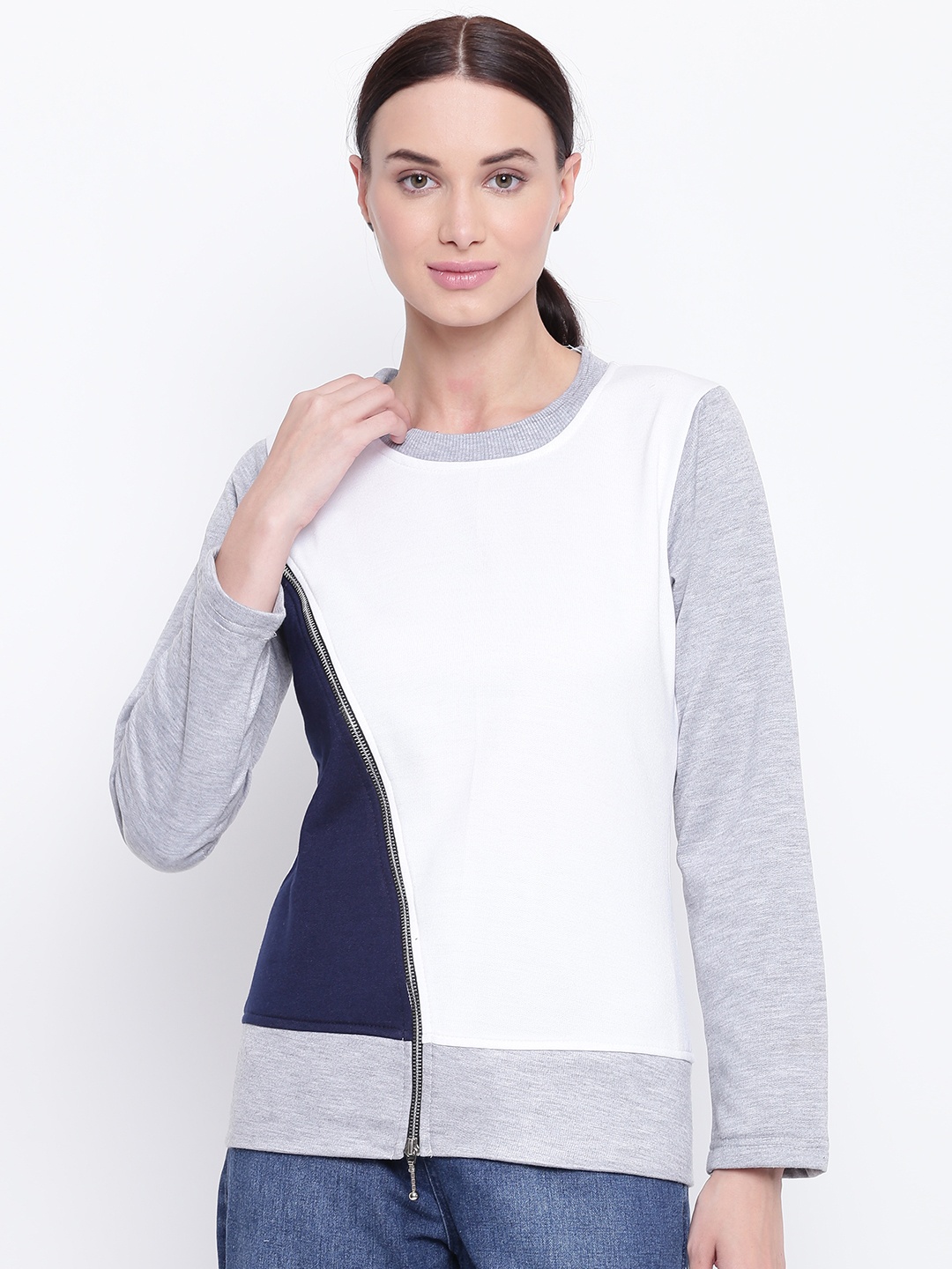 

Belle Fille Women White & Grey Melange Colourblocked Sweatshirt