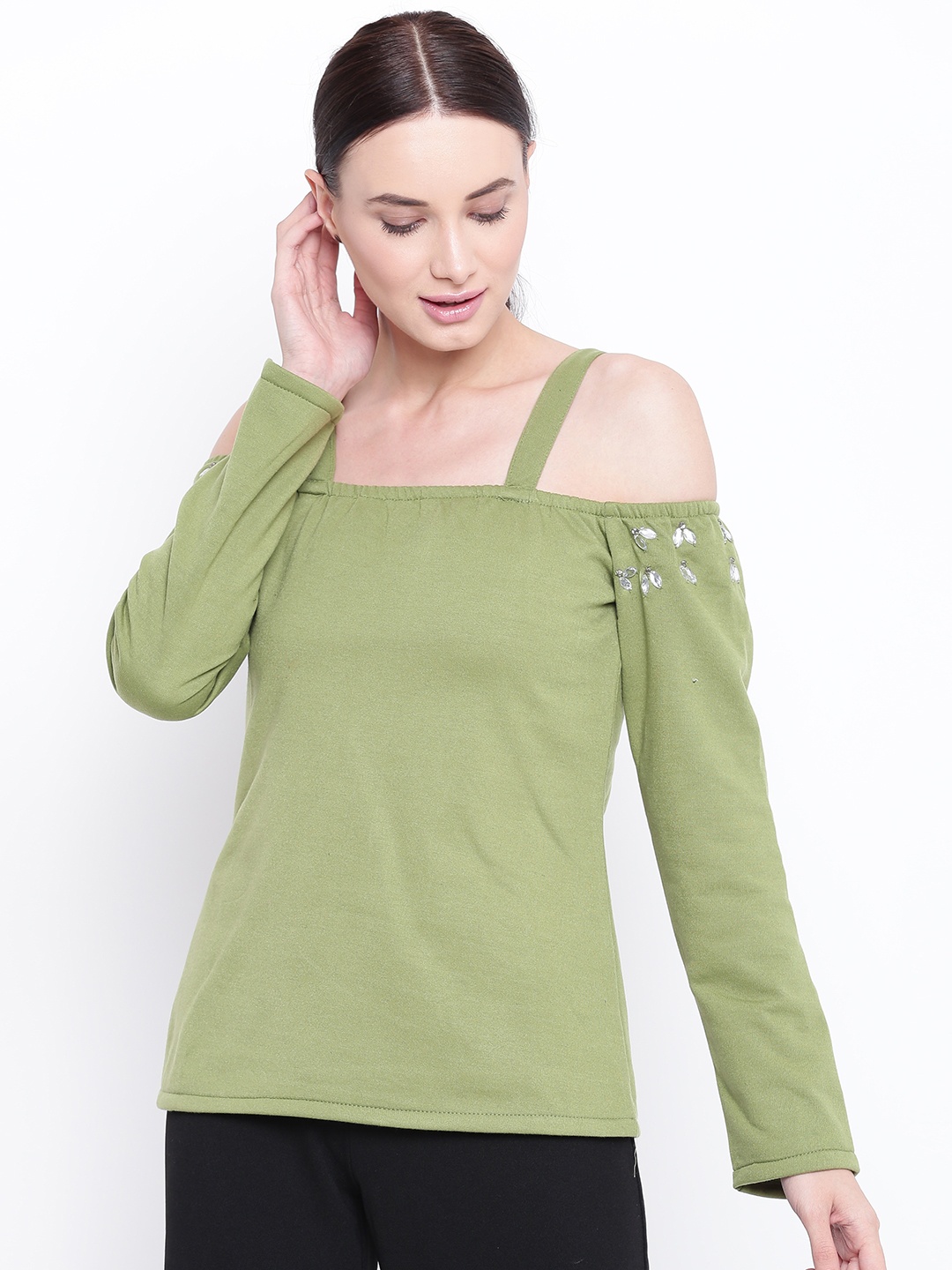 

Belle Fille Women Green Solid Bardot Top