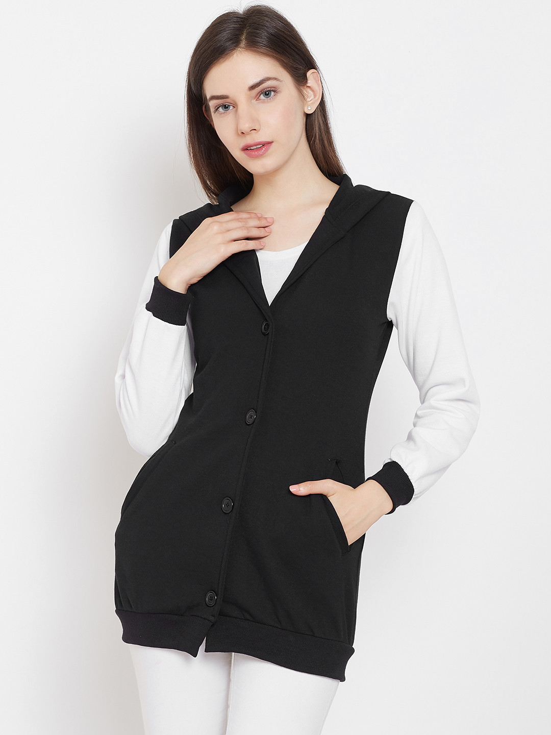 

Belle Fille Women Black & White Solid Hooded Longline Jacket