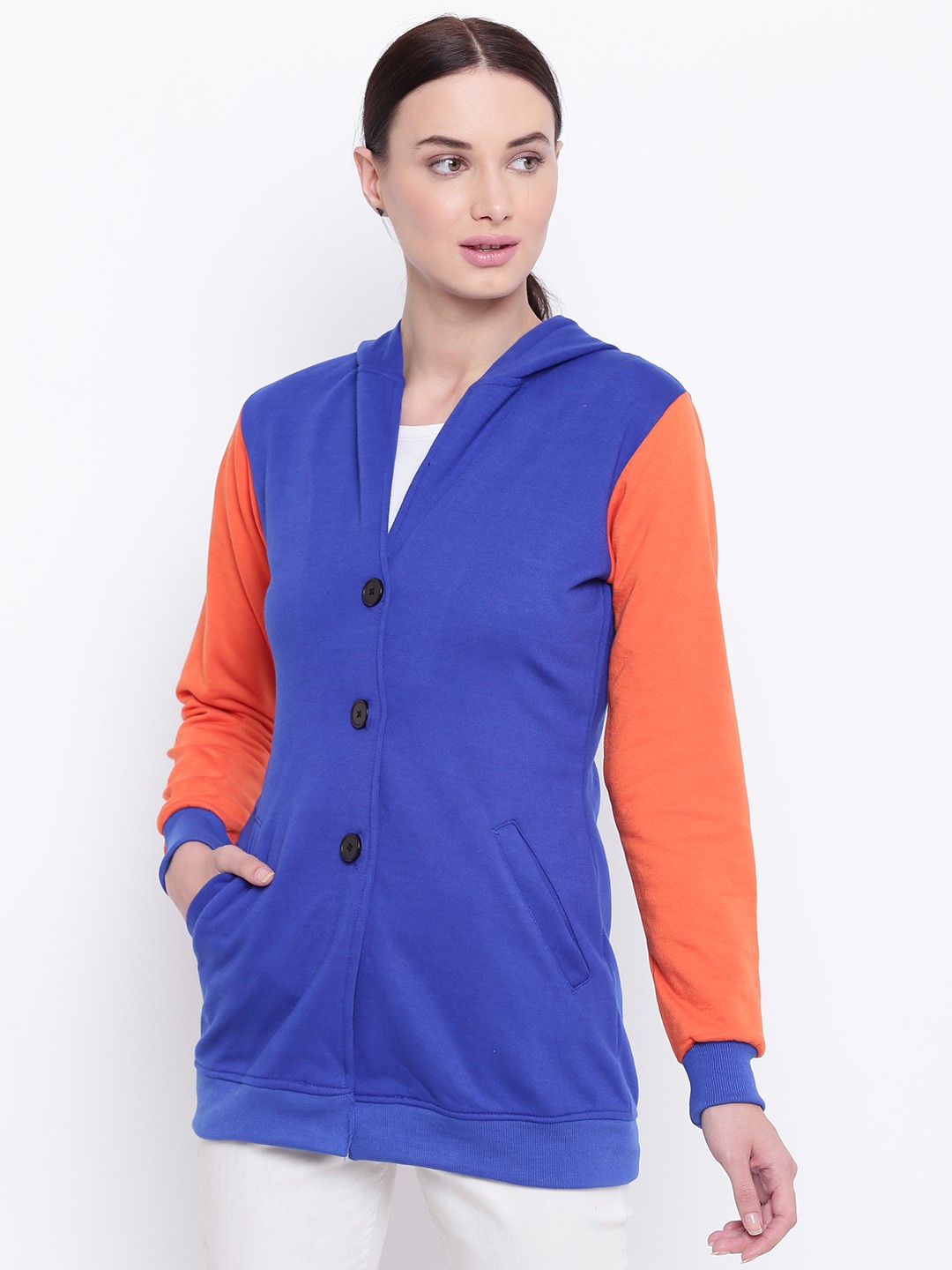 

Belle Fille Women Blue & Orange Solid Hooded Sweatshirt