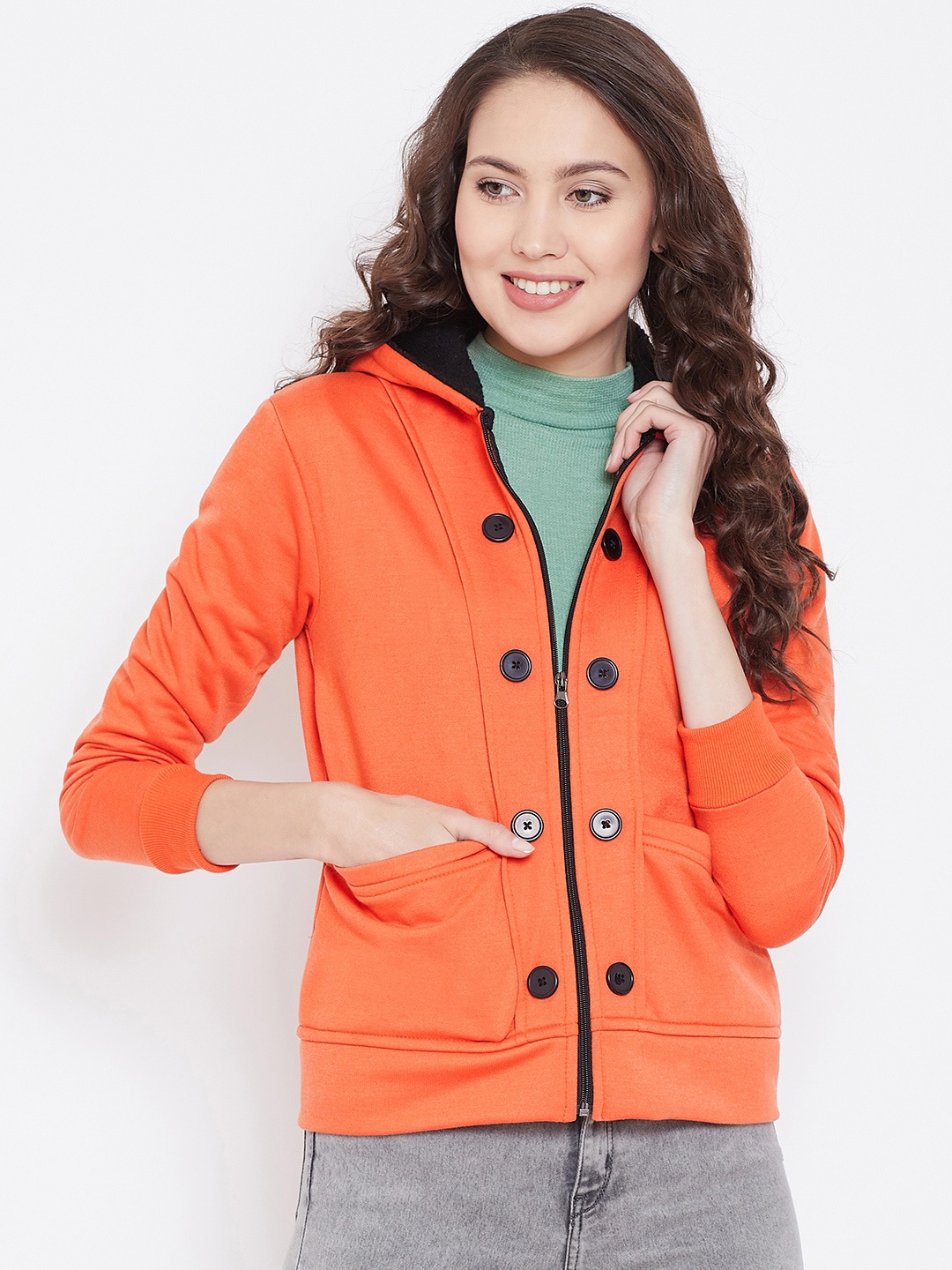 

Belle Fille Women Orange Solid Lightweight Hooded Sweatshirt